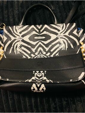MCM Black & White Patterned Leather Satchel with Gold Accents